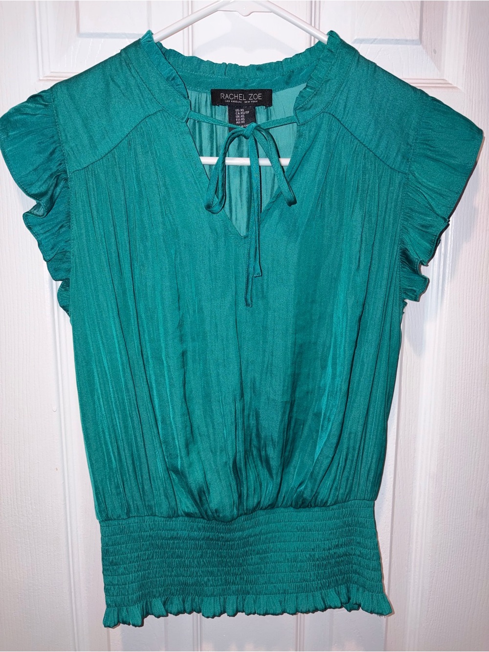 Rachel Zoe Emerald Teal Tie-Detail Ruffled Sleeve Blouse